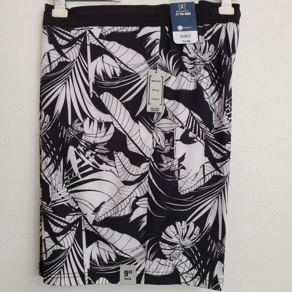 George Other - George Mens E-Board Swim Trunks with UPF 50+ Blk/White Leaves Size 3XL (48-50)